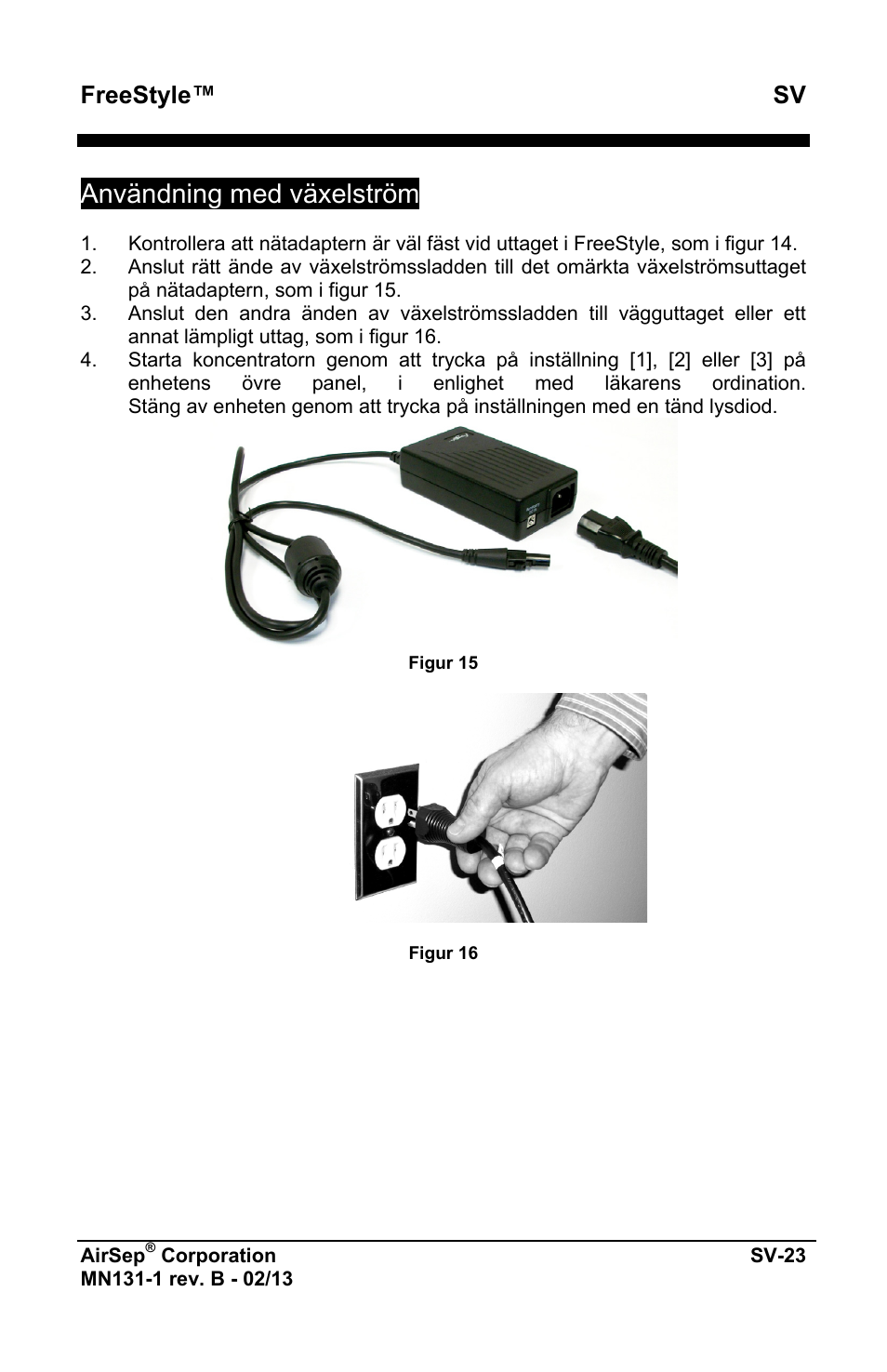 Användning med växelström, Freestyle™ sv | AirSep MN131-1 B User Manual | Page 437 / 556