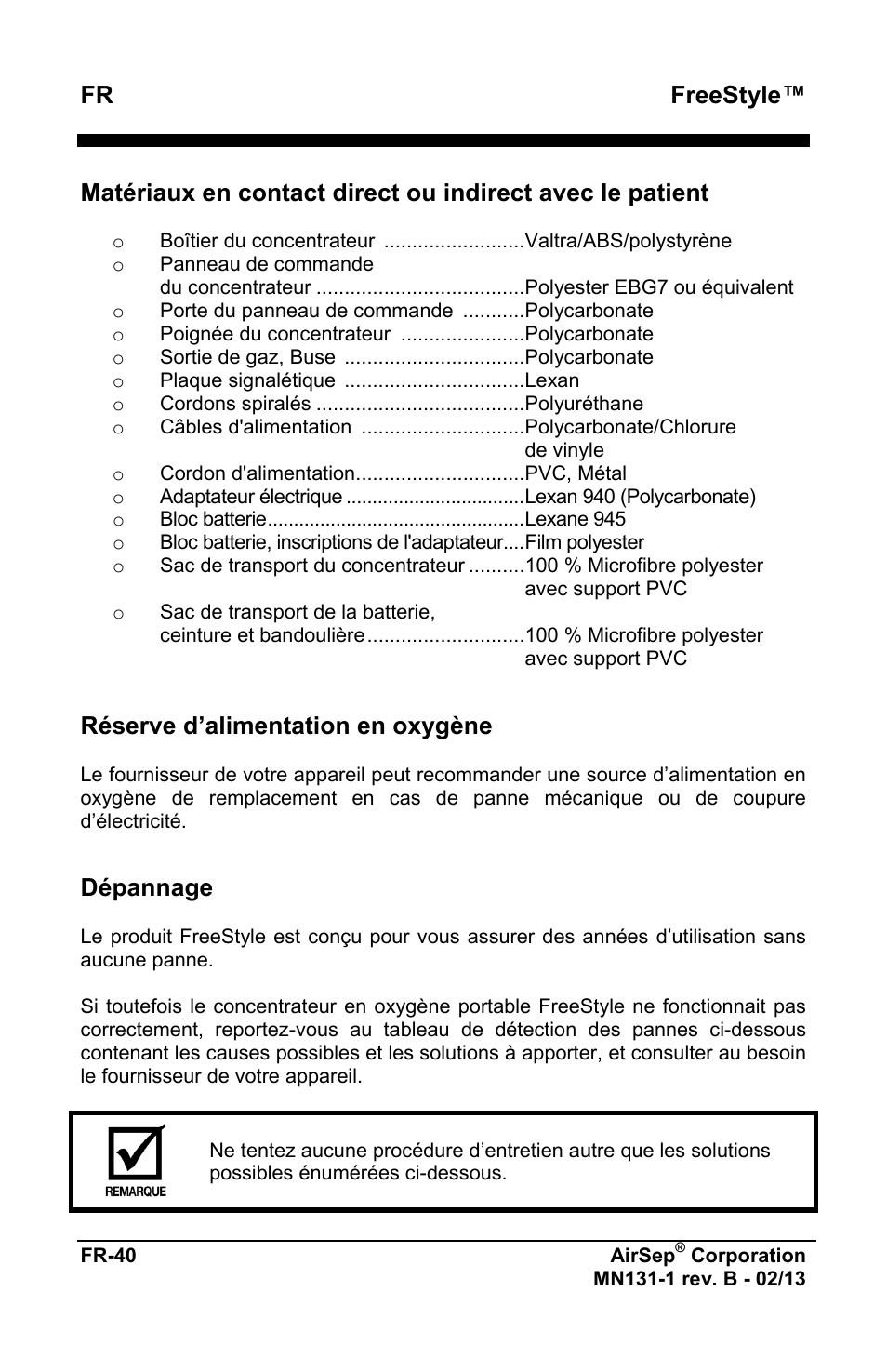 Freestyle, Réserve d’alimentation en oxygène, Dépannage | AirSep MN131-1 B User Manual | Page 44 / 556