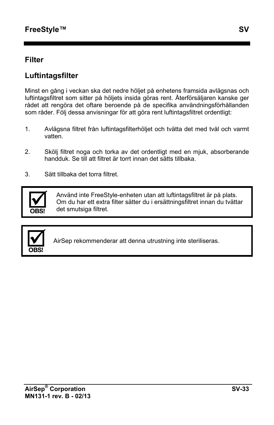 Freestyle™ sv, Filter, Luftintagsfilter | AirSep MN131-1 B User Manual | Page 447 / 556