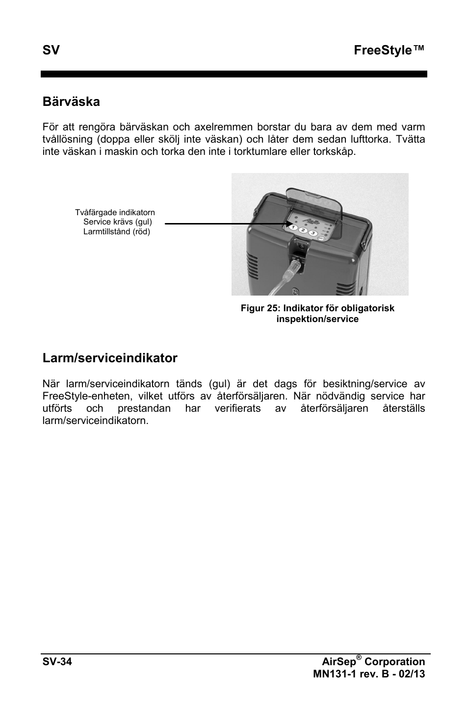 Freestyle, Bärväska, Larm/serviceindikator | AirSep MN131-1 B User Manual | Page 448 / 556