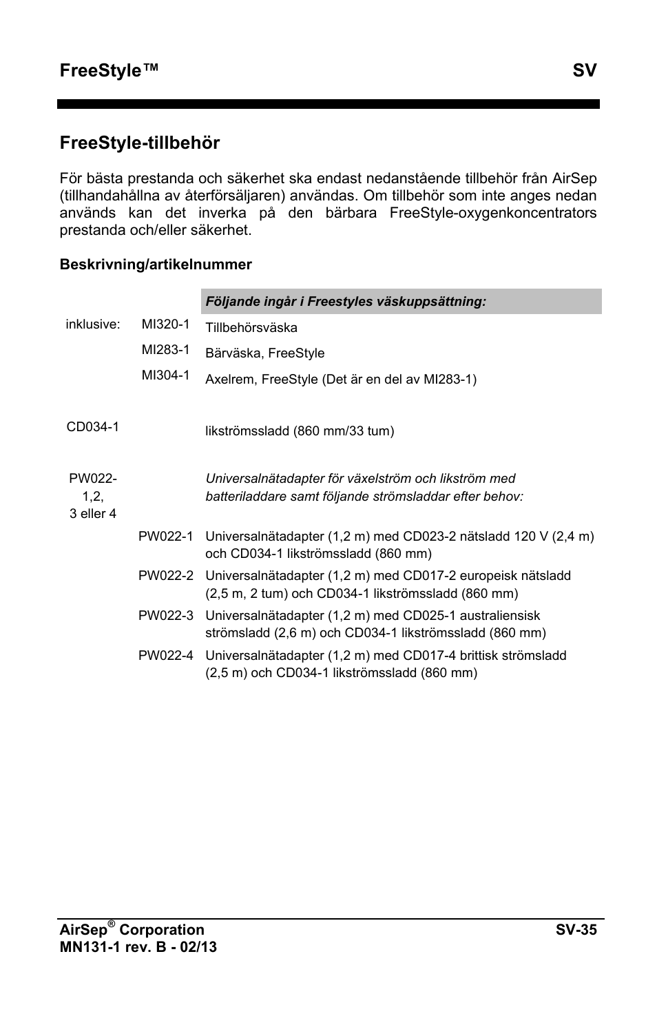 Freestyle™ sv, Freestyle-tillbehör | AirSep MN131-1 B User Manual | Page 449 / 556