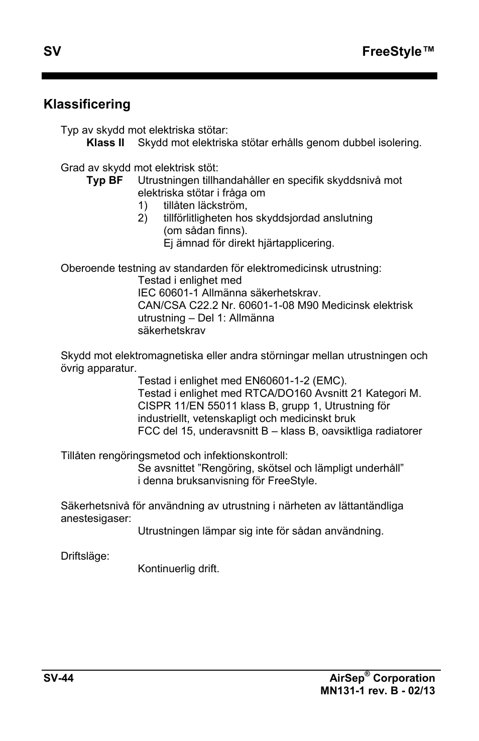 Freestyle, Klassificering | AirSep MN131-1 B User Manual | Page 458 / 556