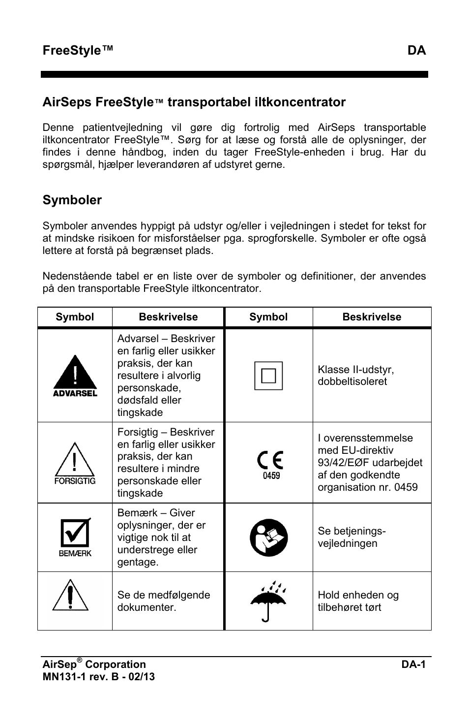 Freestyle™ da, Airseps freestyle, Transportabel iltkoncentrator | Symboler | AirSep MN131-1 B User Manual | Page 463 / 556