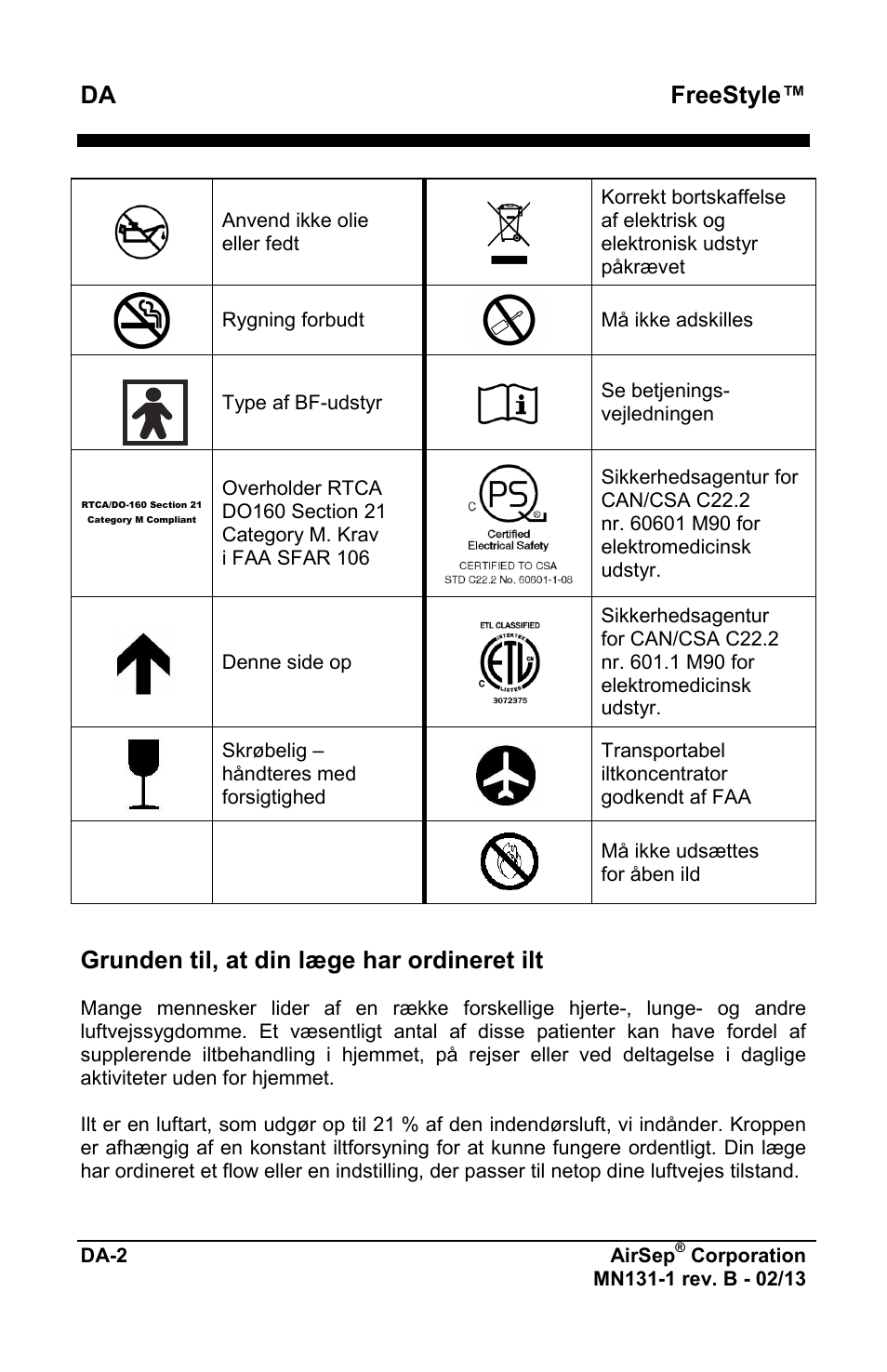 Freestyle, Grunden til, at din læge har ordineret ilt | AirSep MN131-1 B User Manual | Page 464 / 556