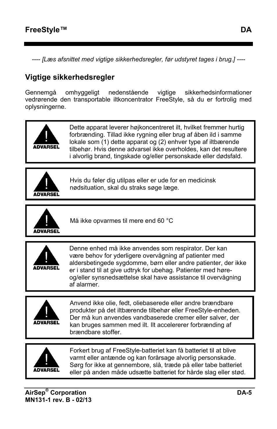 Freestyle™ da, Vigtige sikkerhedsregler | AirSep MN131-1 B User Manual | Page 467 / 556