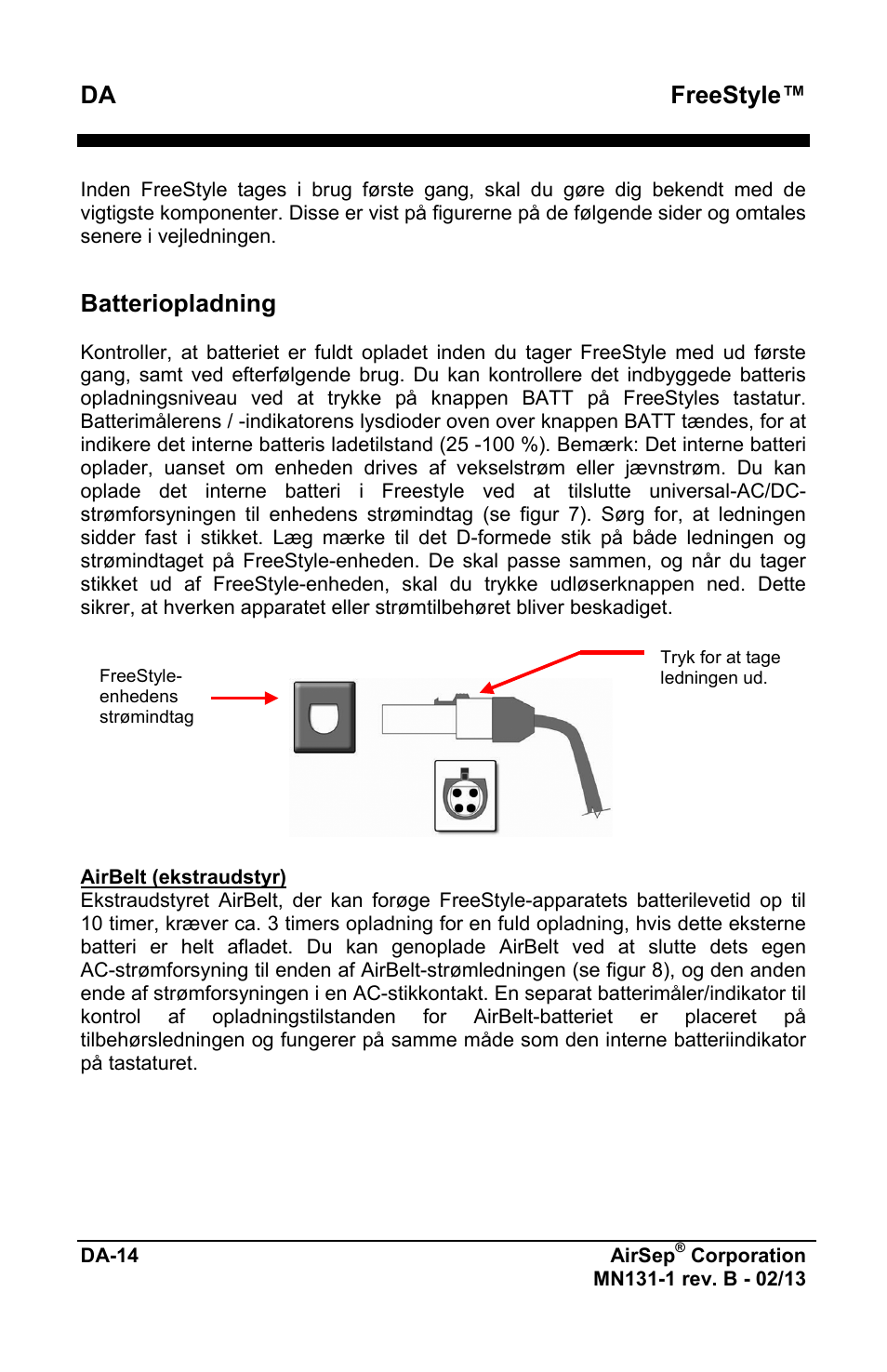 Freestyle, Batteriopladning | AirSep MN131-1 B User Manual | Page 476 / 556