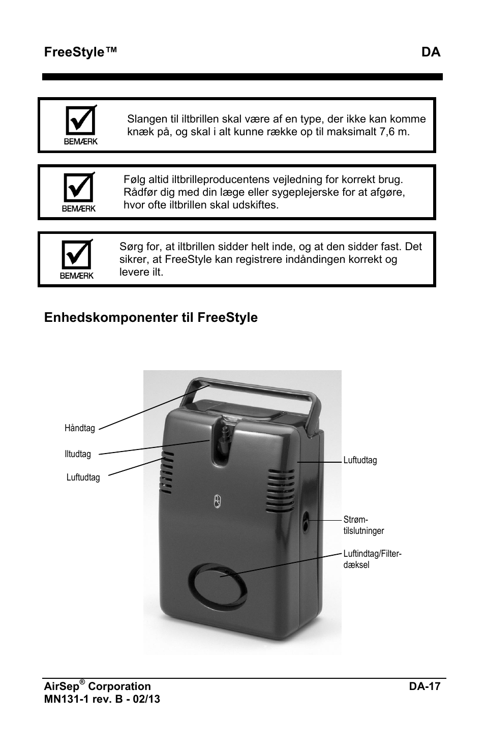 Freestyle™ da, Enhedskomponenter til freestyle | AirSep MN131-1 B User Manual | Page 479 / 556