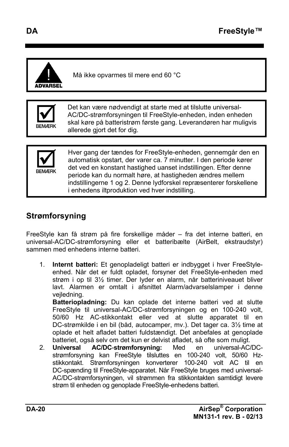 Freestyle, Strømforsyning | AirSep MN131-1 B User Manual | Page 482 / 556