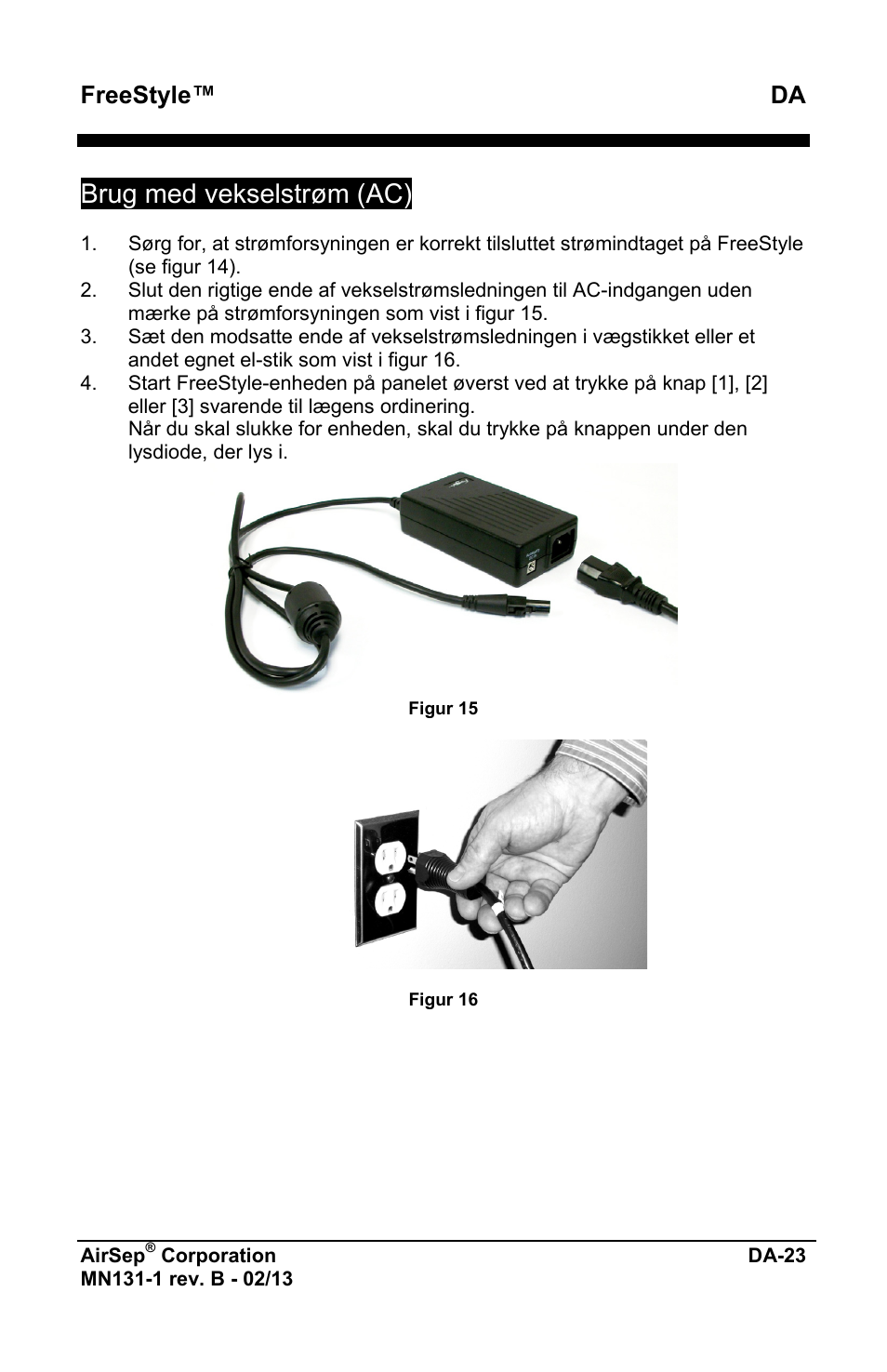 Brug med vekselstrøm (ac), Freestyle™ da | AirSep MN131-1 B User Manual | Page 485 / 556