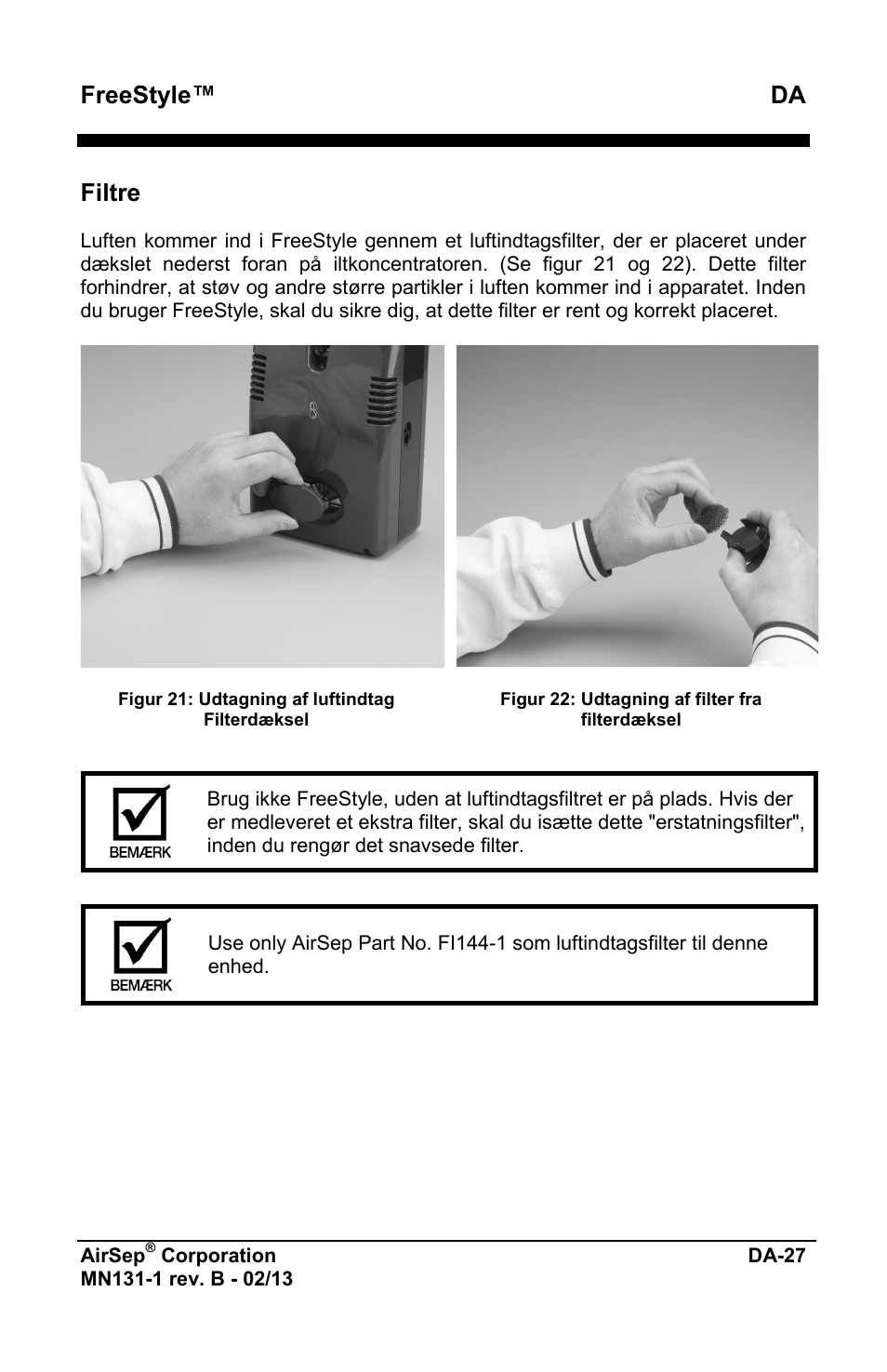 Freestyle™ da, Filtre | AirSep MN131-1 B User Manual | Page 489 / 556