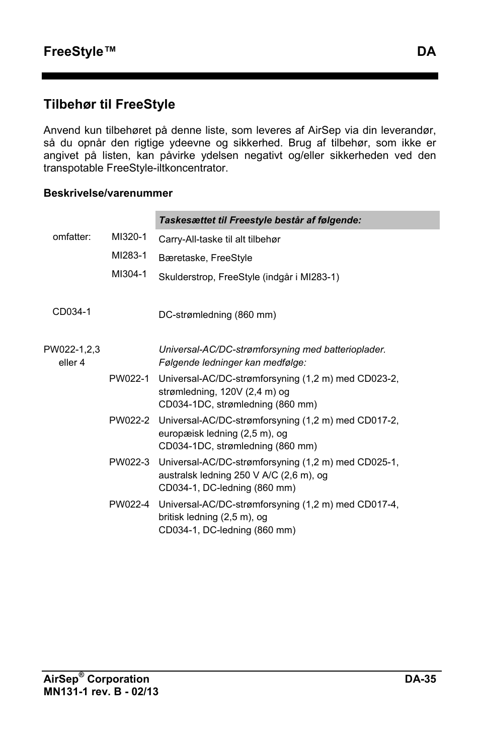 Freestyle™ da, Tilbehør til freestyle | AirSep MN131-1 B User Manual | Page 497 / 556