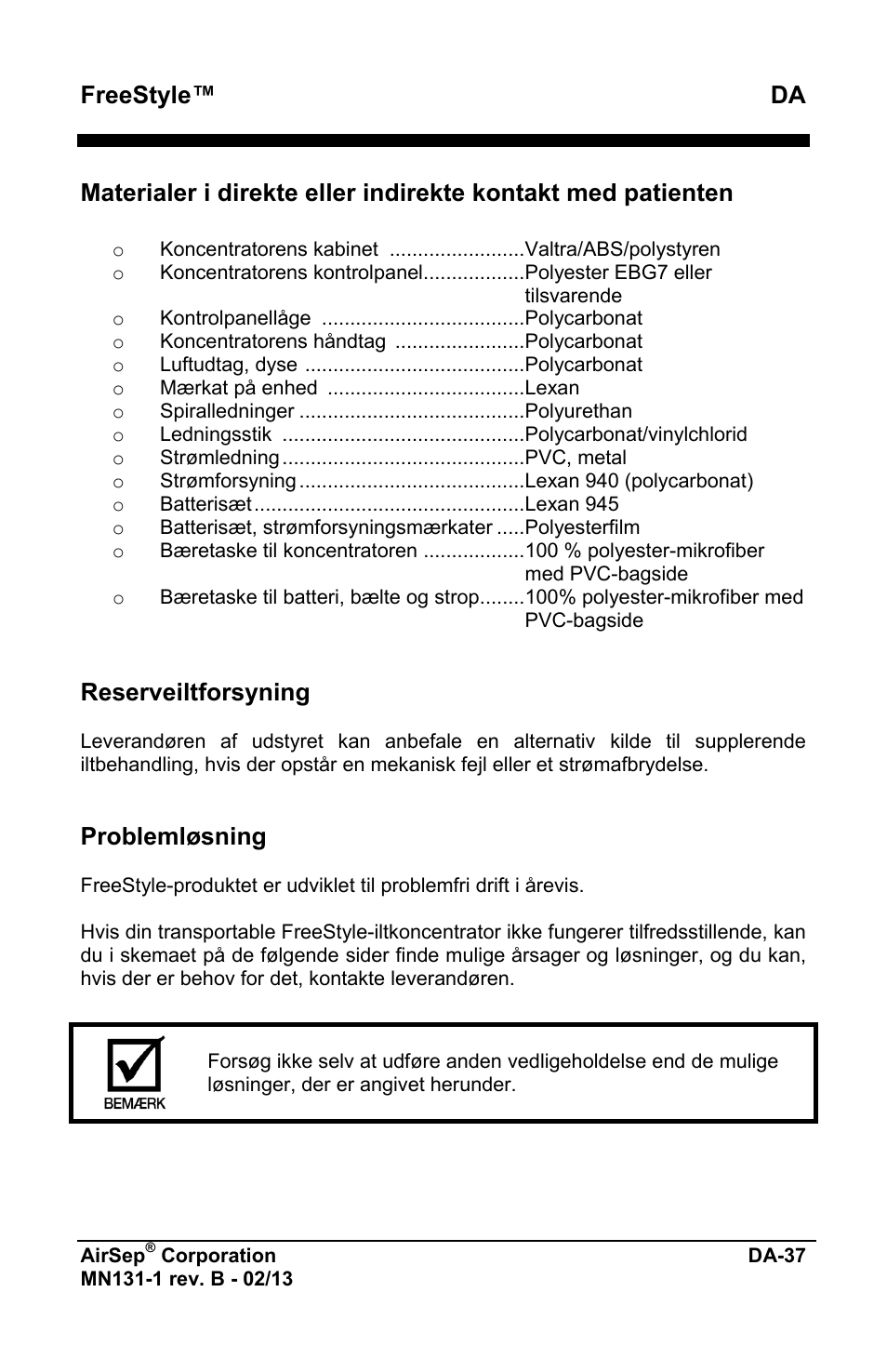 Freestyle™ da, Reserveiltforsyning, Problemløsning | AirSep MN131-1 B User Manual | Page 499 / 556