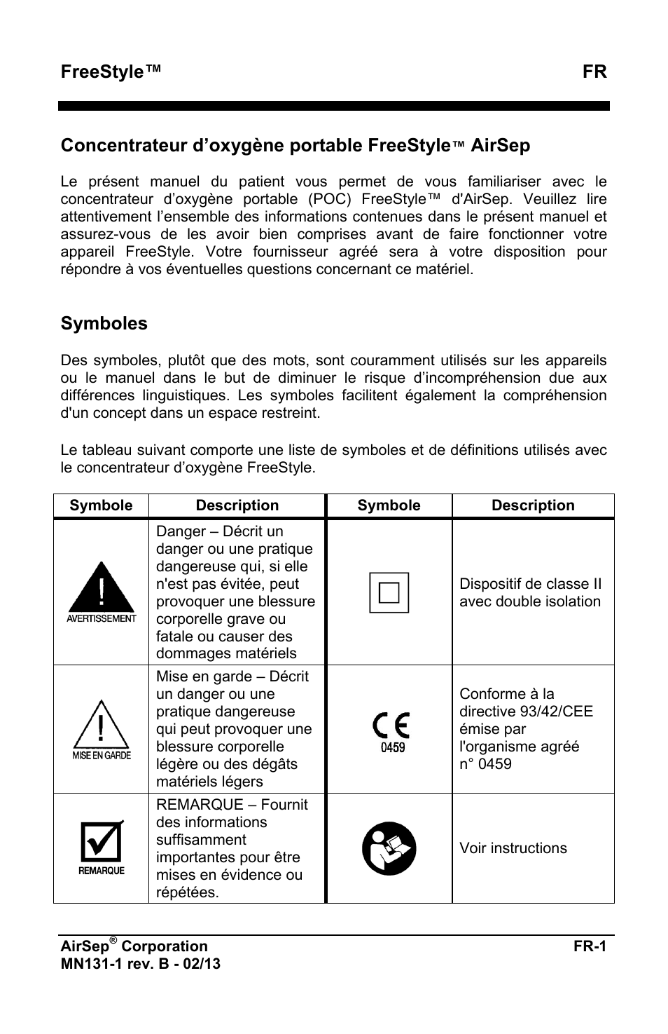 Freestyle™ fr, Concentrateur d’oxygène portable freestyle, Airsep | Symboles | AirSep MN131-1 B User Manual | Page 5 / 556