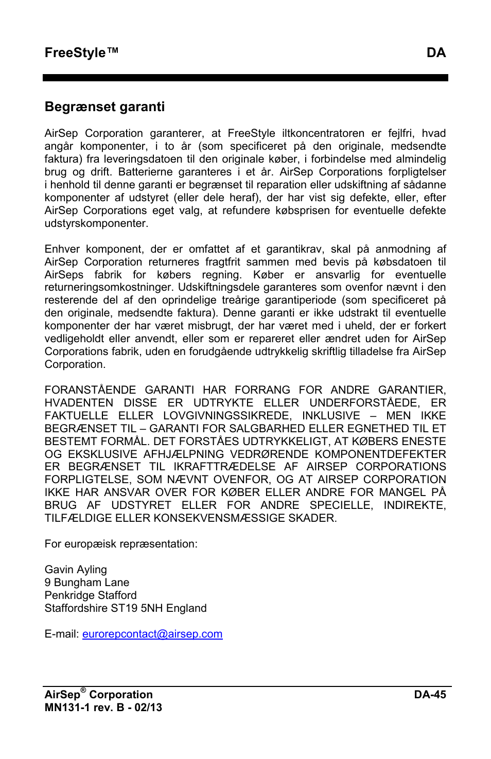 Freestyle™ da, Begrænset garanti | AirSep MN131-1 B User Manual | Page 507 / 556