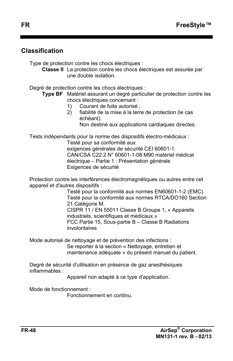 Freestyle, Classification | AirSep MN131-1 B User Manual | Page 52 / 556