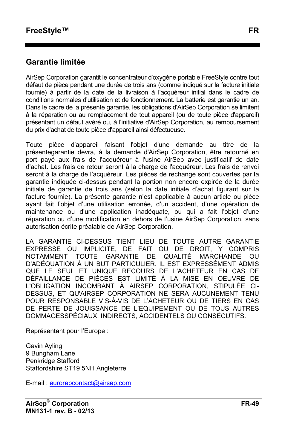 Freestyle™ fr, Garantie limitée | AirSep MN131-1 B User Manual | Page 53 / 556