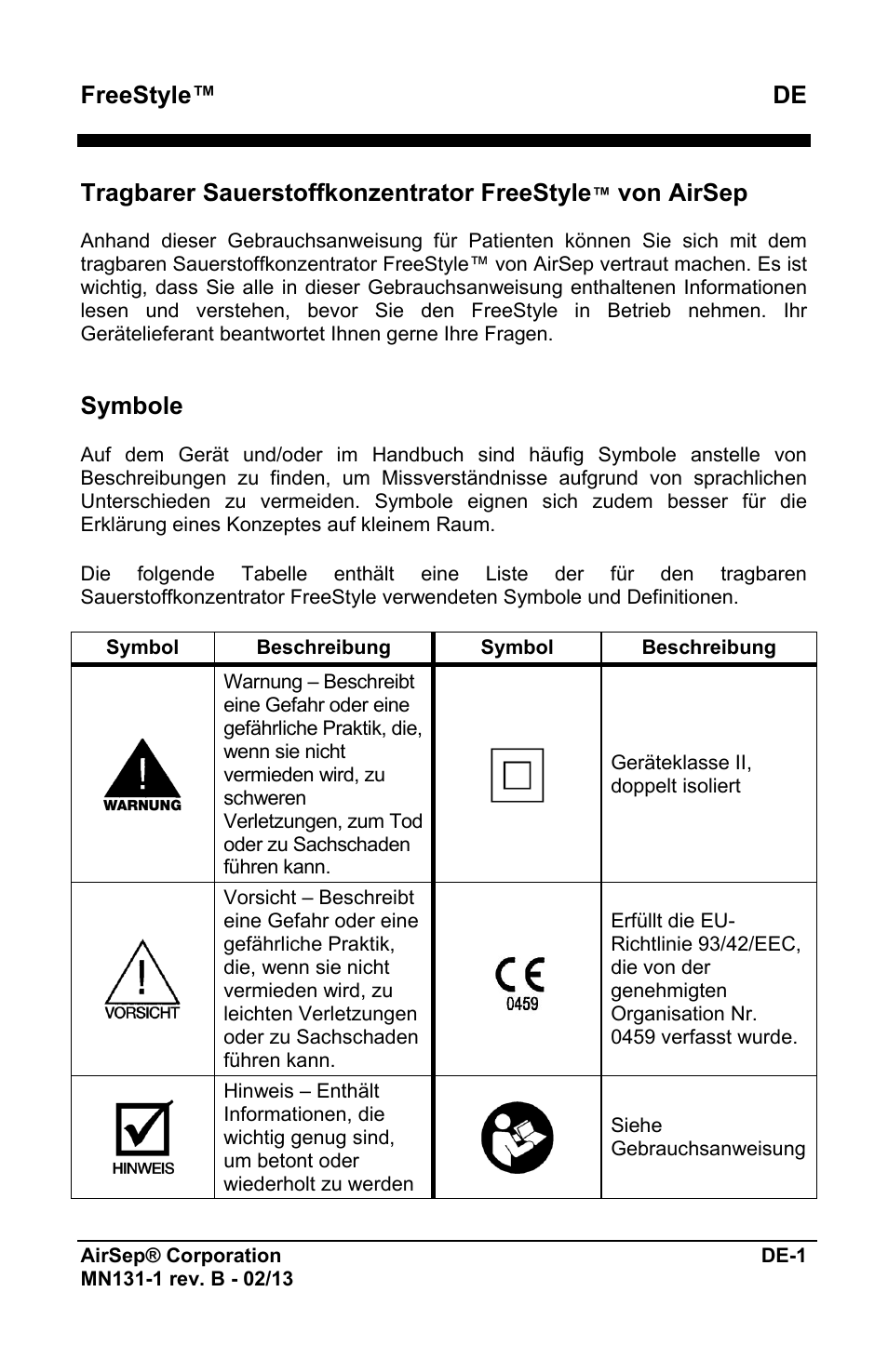 Freestyle™ de, Tragbarer sauerstoffkonzentrator freestyle, Von airsep | Symbole | AirSep MN131-1 B User Manual | Page 57 / 556