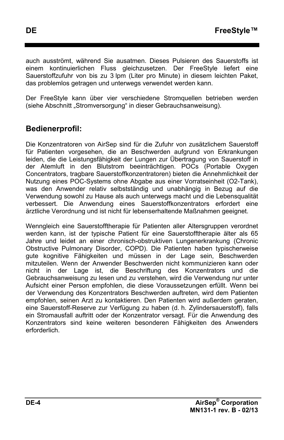 Freestyle, Bedienerprofil | AirSep MN131-1 B User Manual | Page 60 / 556