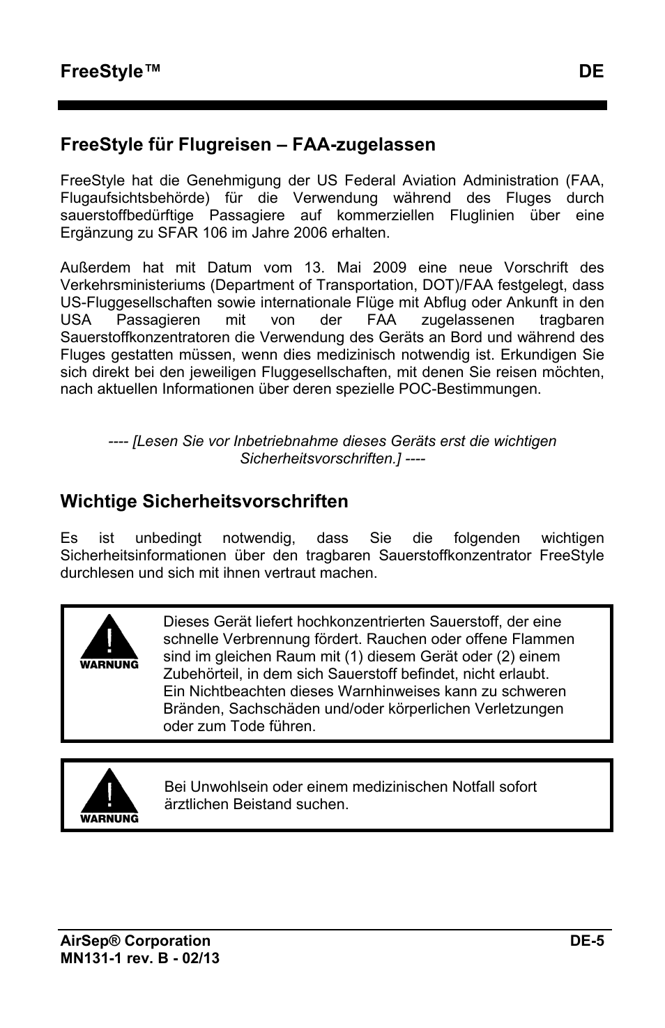 Freestyle™ de, Freestyle für flugreisen – faa-zugelassen, Wichtige sicherheitsvorschriften | AirSep MN131-1 B User Manual | Page 61 / 556