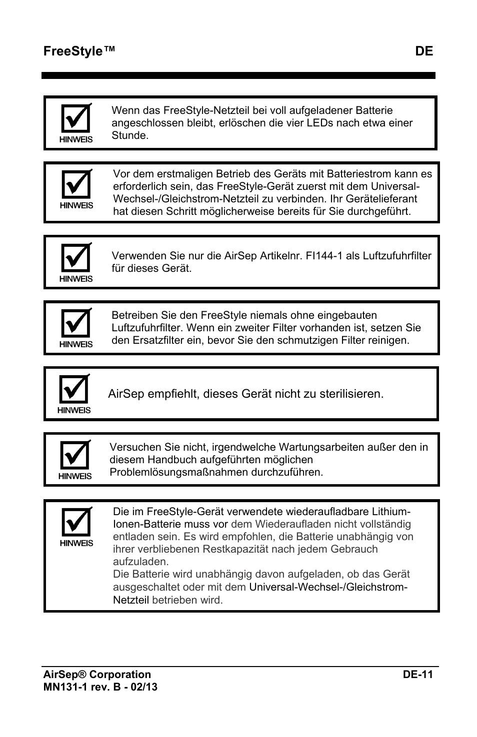 Freestyle™ de | AirSep MN131-1 B User Manual | Page 67 / 556