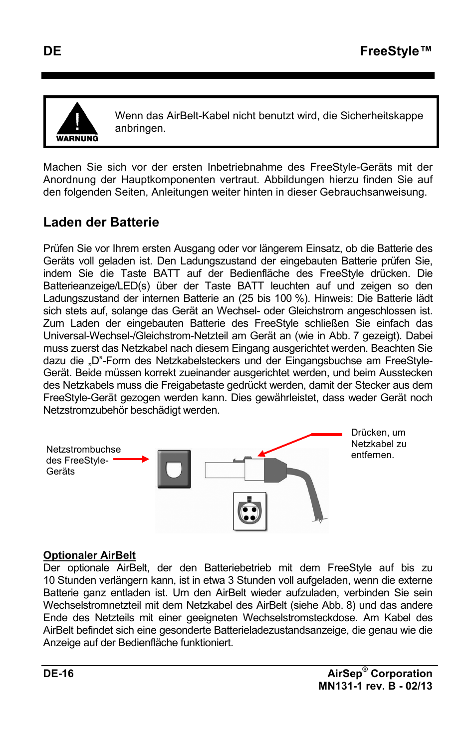 Freestyle, Laden der batterie | AirSep MN131-1 B User Manual | Page 72 / 556