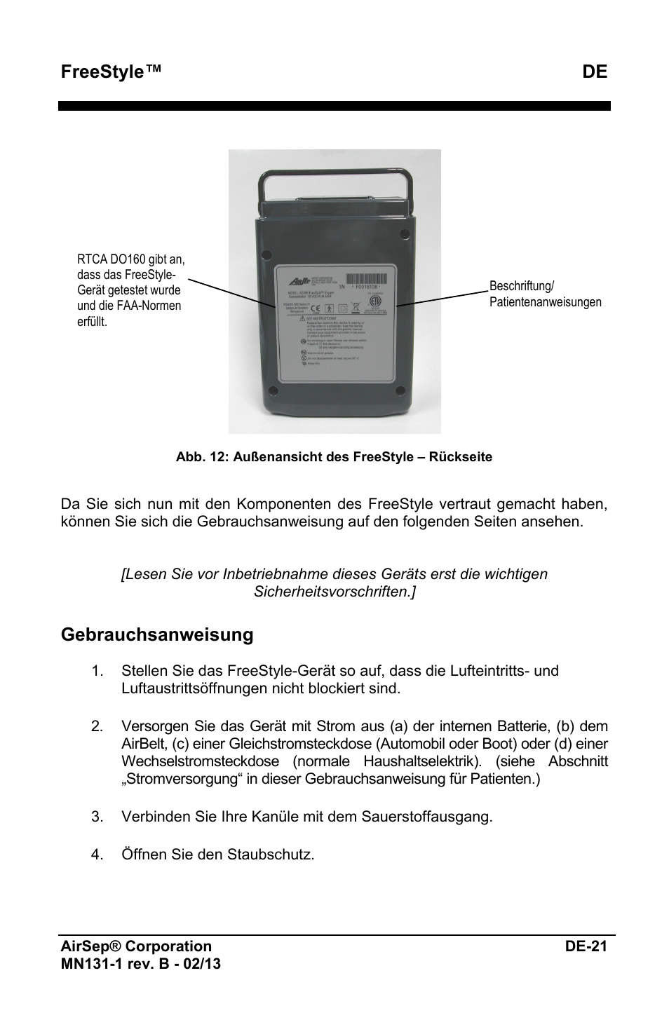 Freestyle™ de, Gebrauchsanweisung | AirSep MN131-1 B User Manual | Page 77 / 556