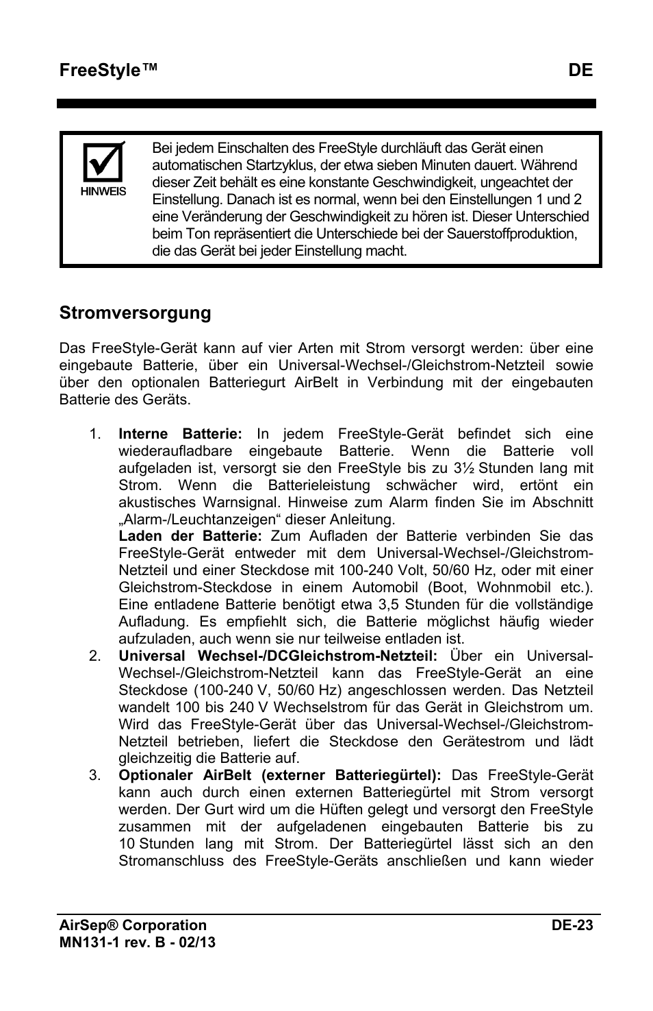 Freestyle™ de, Stromversorgung | AirSep MN131-1 B User Manual | Page 79 / 556