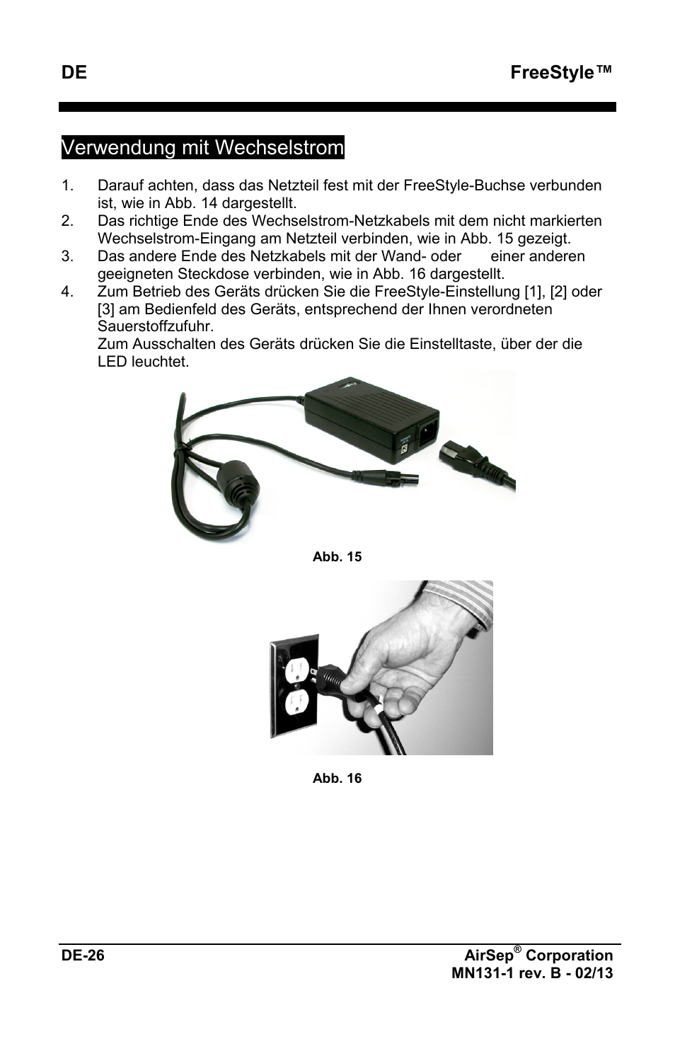 Verwendung mit wechselstrom, Freestyle | AirSep MN131-1 B User Manual | Page 82 / 556