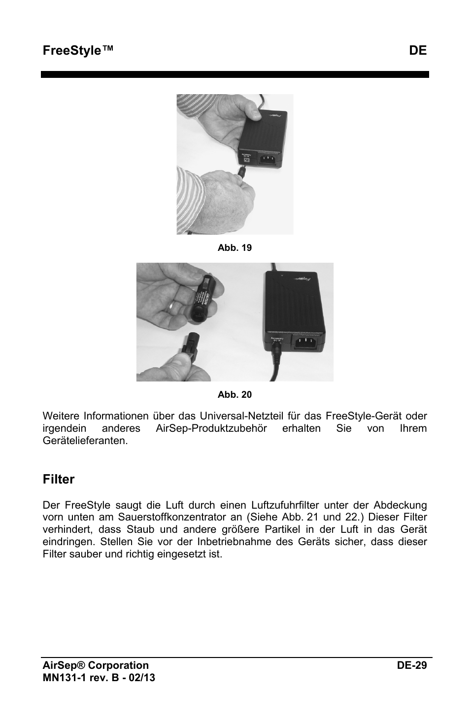 Freestyle™ de, Filter | AirSep MN131-1 B User Manual | Page 85 / 556