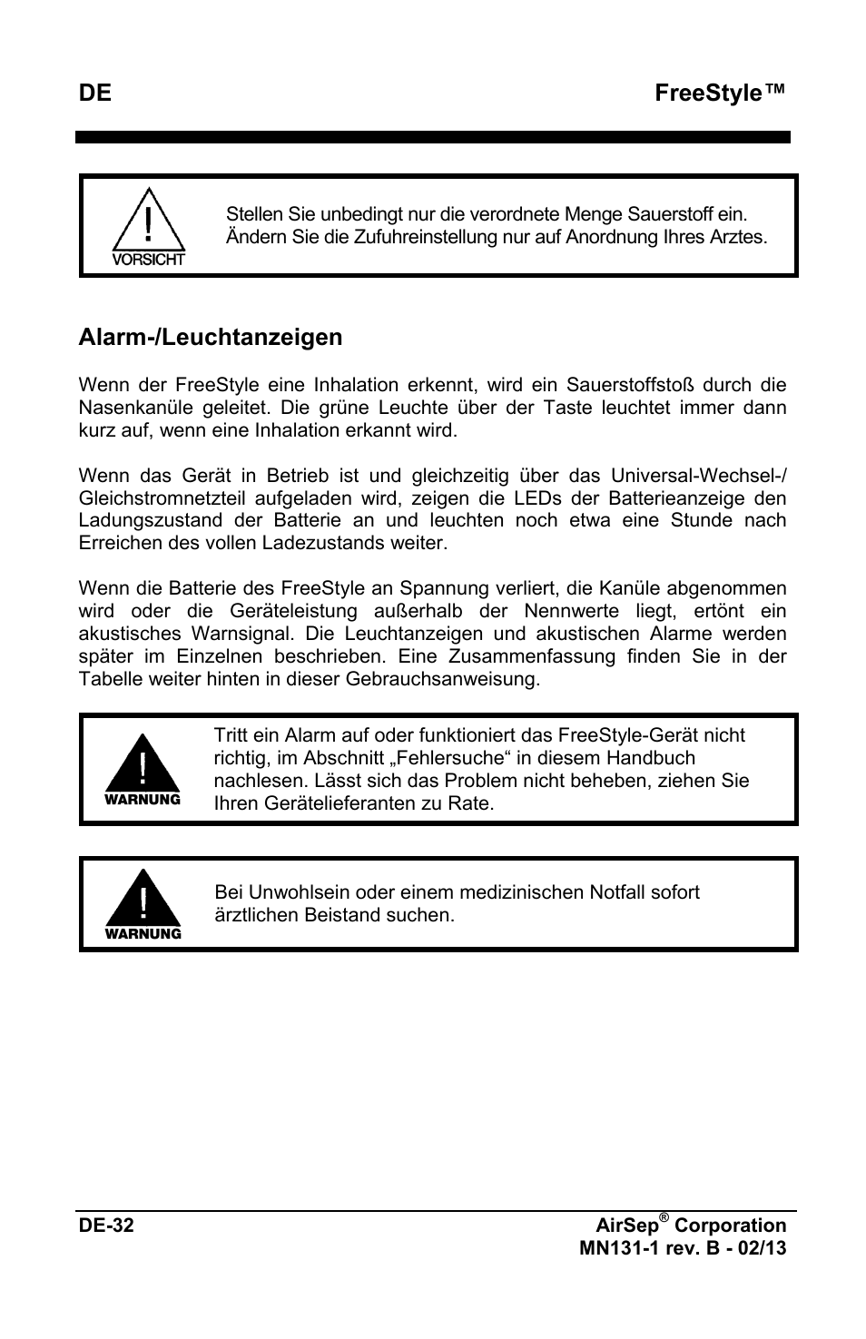 Freestyle, Alarm-/leuchtanzeigen | AirSep MN131-1 B User Manual | Page 88 / 556