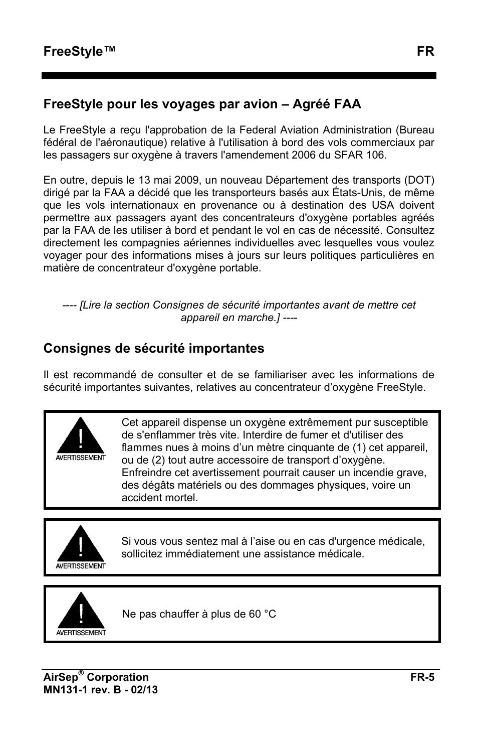 Freestyle™ fr, Freestyle pour les voyages par avion – agréé faa, Consignes de sécurité importantes | AirSep MN131-1 B User Manual | Page 9 / 556