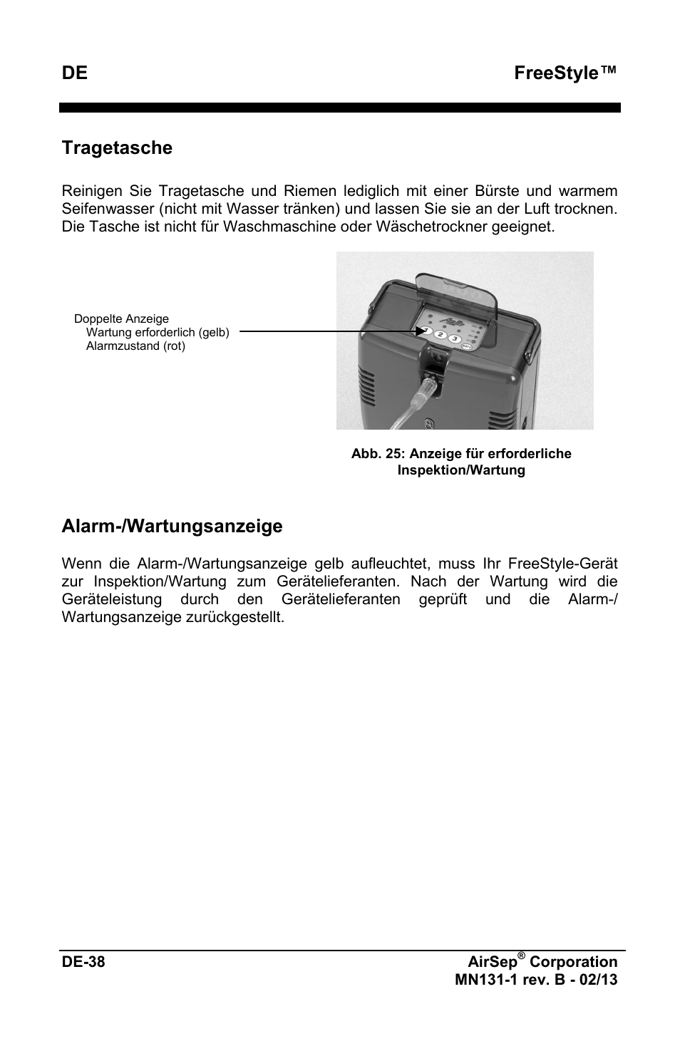 Freestyle, Tragetasche, Alarm-/wartungsanzeige | AirSep MN131-1 B User Manual | Page 94 / 556