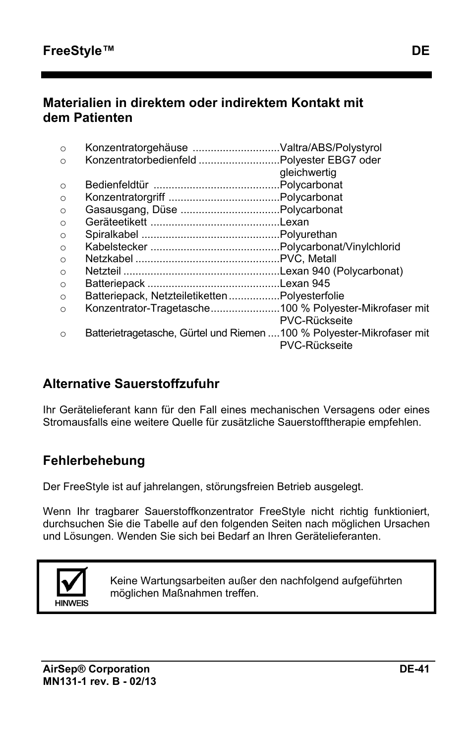 Freestyle™ de, Alternative sauerstoffzufuhr, Fehlerbehebung | AirSep MN131-1 B User Manual | Page 97 / 556