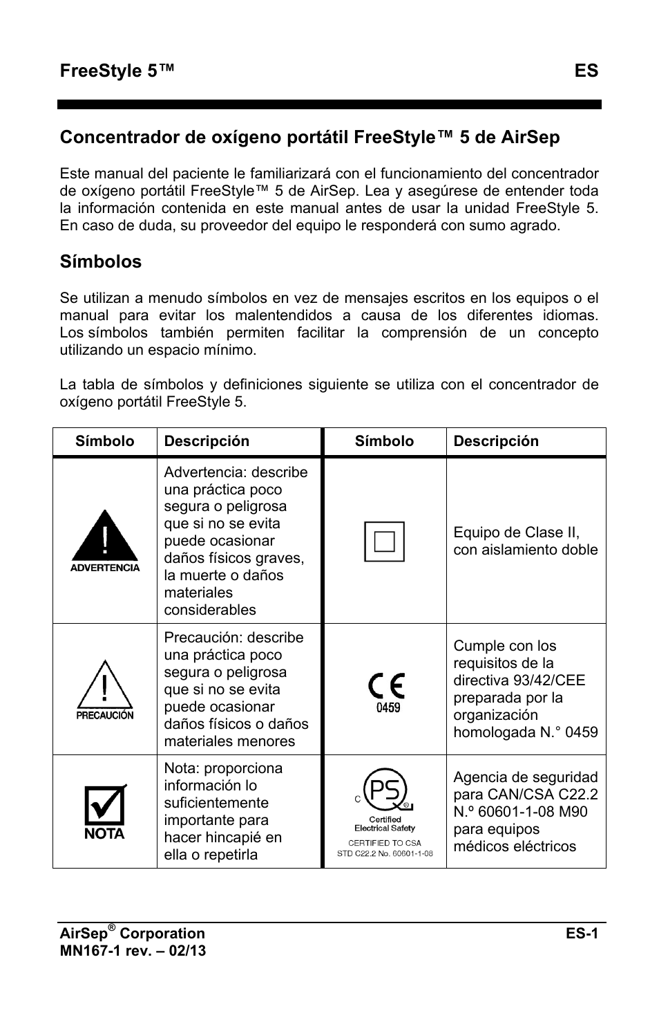 Freestyle 5™ es, Símbolos | AirSep MN167-1 User Manual | Page 101 / 520