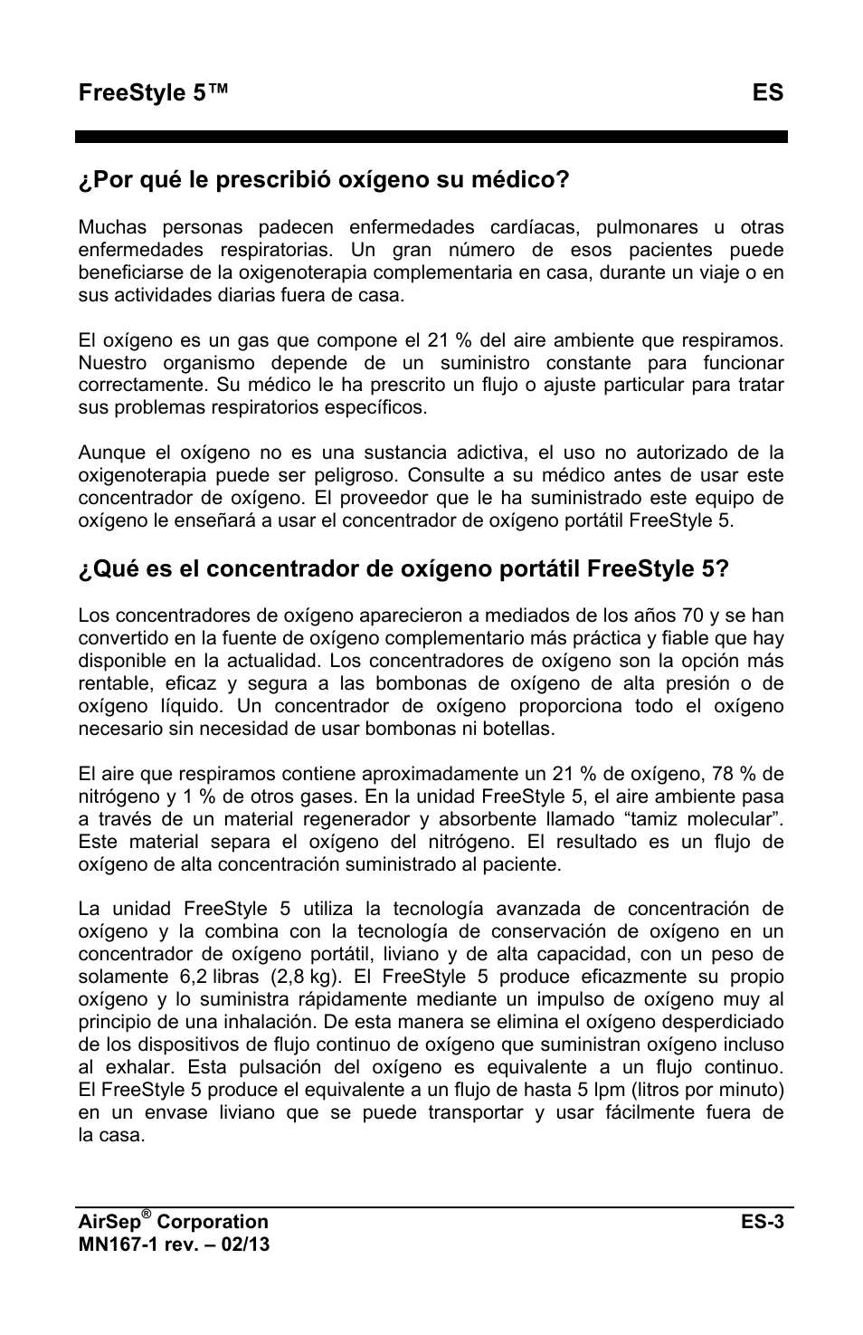 Freestyle 5™ es, Por qué le prescribió oxígeno su médico | AirSep MN167-1 User Manual | Page 103 / 520