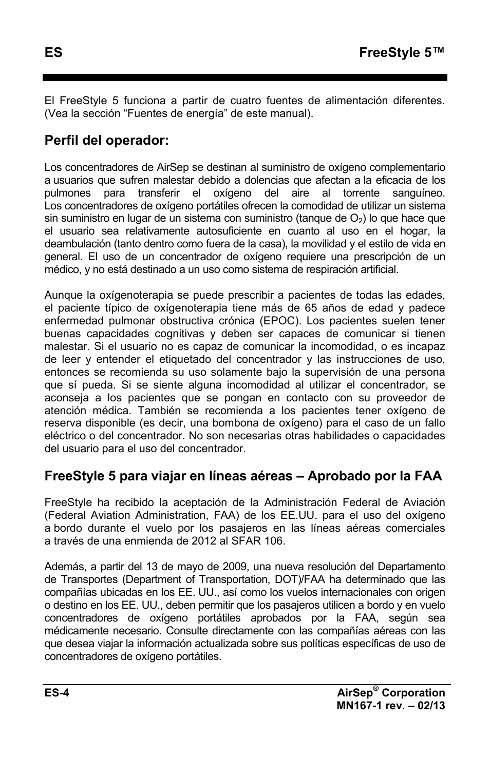 Freestyle 5, Perfil del operador | AirSep MN167-1 User Manual | Page 104 / 520