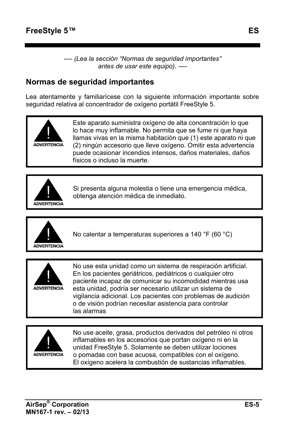 Freestyle 5™ es, Normas de seguridad importantes | AirSep MN167-1 User Manual | Page 105 / 520