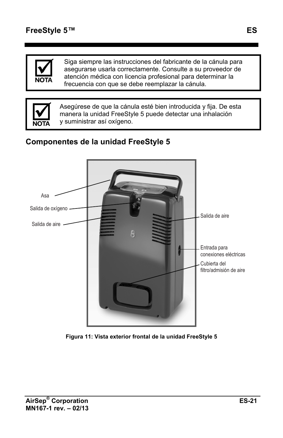 Freestyle 5™ es, Componentes de la unidad freestyle 5 | AirSep MN167-1 User Manual | Page 121 / 520