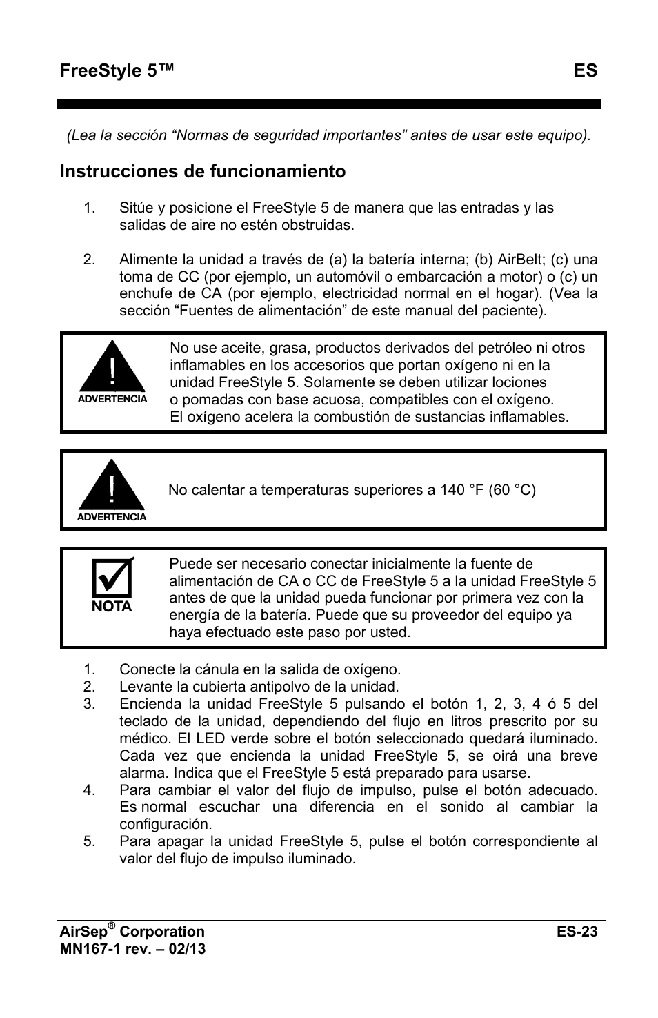Freestyle 5™ es, Instrucciones de funcionamiento | AirSep MN167-1 User Manual | Page 123 / 520