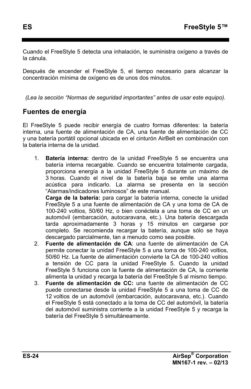 Freestyle 5, Fuentes de energía | AirSep MN167-1 User Manual | Page 124 / 520