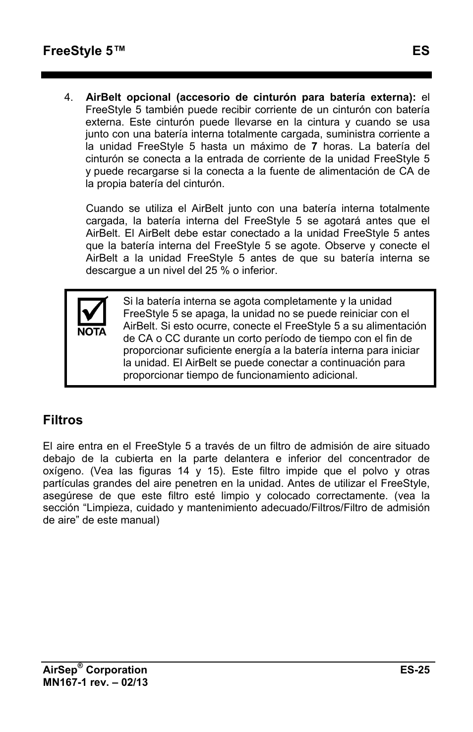 Freestyle 5™ es, Filtros | AirSep MN167-1 User Manual | Page 125 / 520