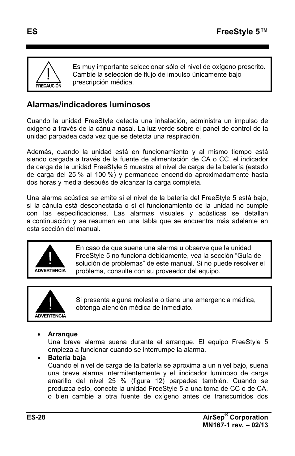 Freestyle 5, Alarmas/indicadores luminosos | AirSep MN167-1 User Manual | Page 128 / 520