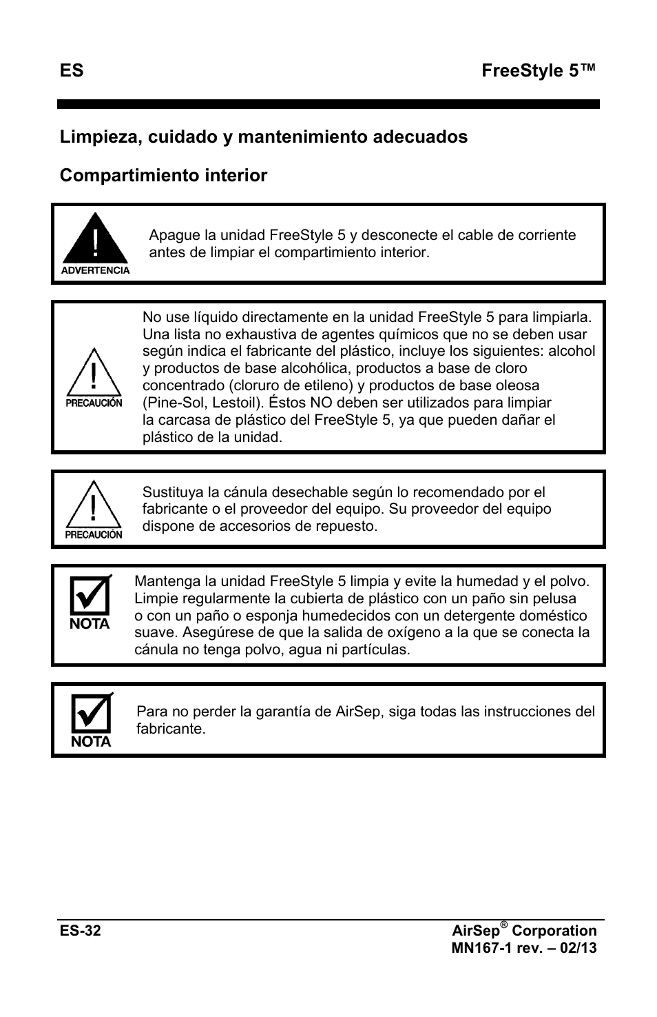 Freestyle 5, Limpieza, cuidado y mantenimiento adecuados, Compartimiento interior | AirSep MN167-1 User Manual | Page 132 / 520