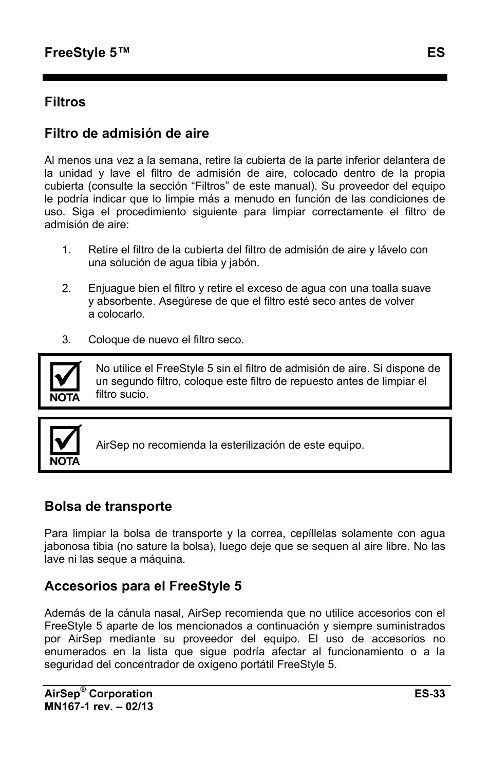 Freestyle 5™ es, Filtros filtro de admisión de aire, Bolsa de transporte | Accesorios para el freestyle 5 | AirSep MN167-1 User Manual | Page 133 / 520