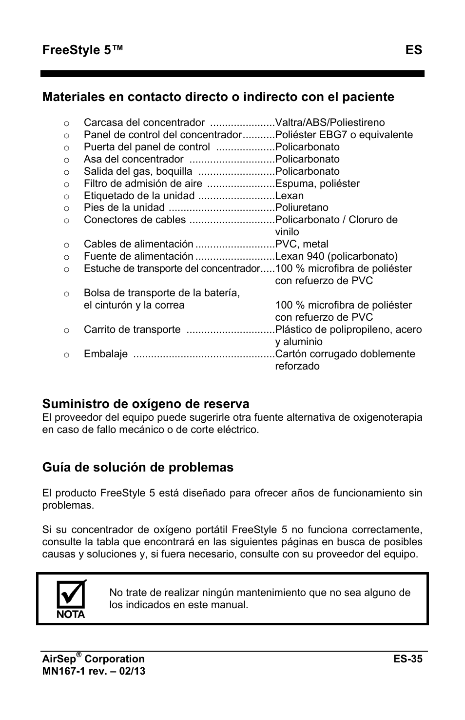 Freestyle 5™ es, Suministro de oxígeno de reserva, Guía de solución de problemas | AirSep MN167-1 User Manual | Page 135 / 520