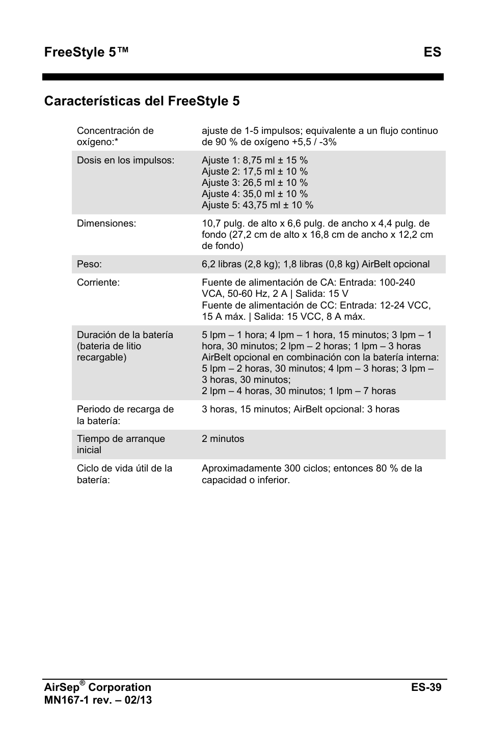 Freestyle 5™ es, Características del freestyle 5 | AirSep MN167-1 User Manual | Page 139 / 520