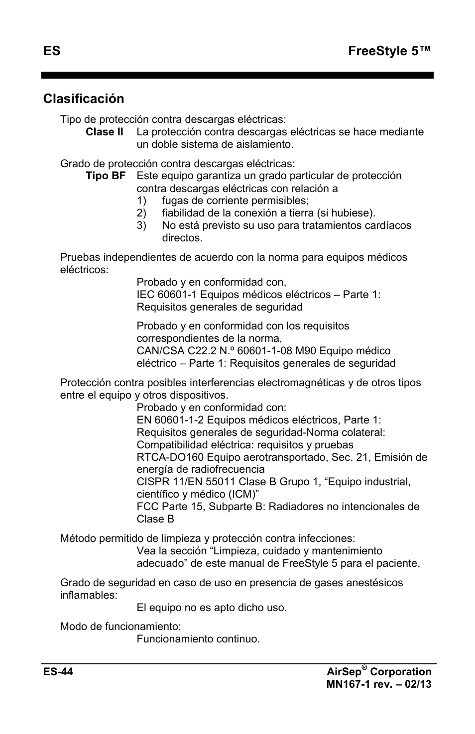 Freestyle 5, Clasificación | AirSep MN167-1 User Manual | Page 144 / 520