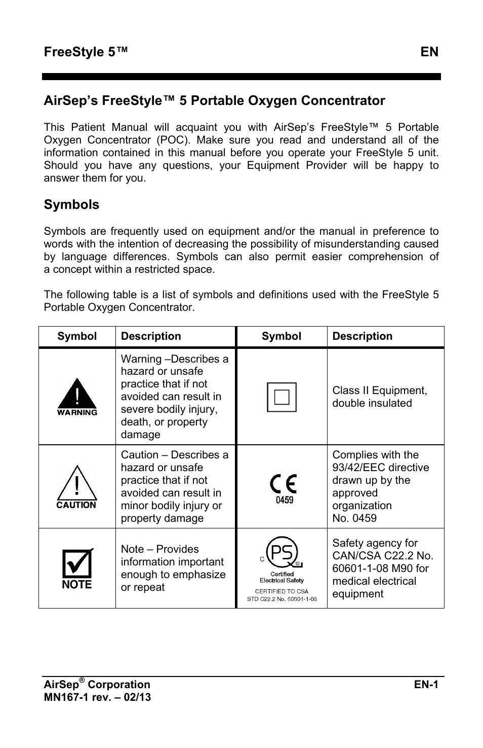 Freestyle 5™ en, Airsep’s freestyle™ 5 portable oxygen concentrator, Symbols | AirSep MN167-1 User Manual | Page 197 / 520