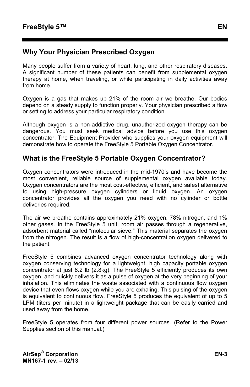 Freestyle 5™ en, Why your physician prescribed oxygen | AirSep MN167-1 User Manual | Page 199 / 520