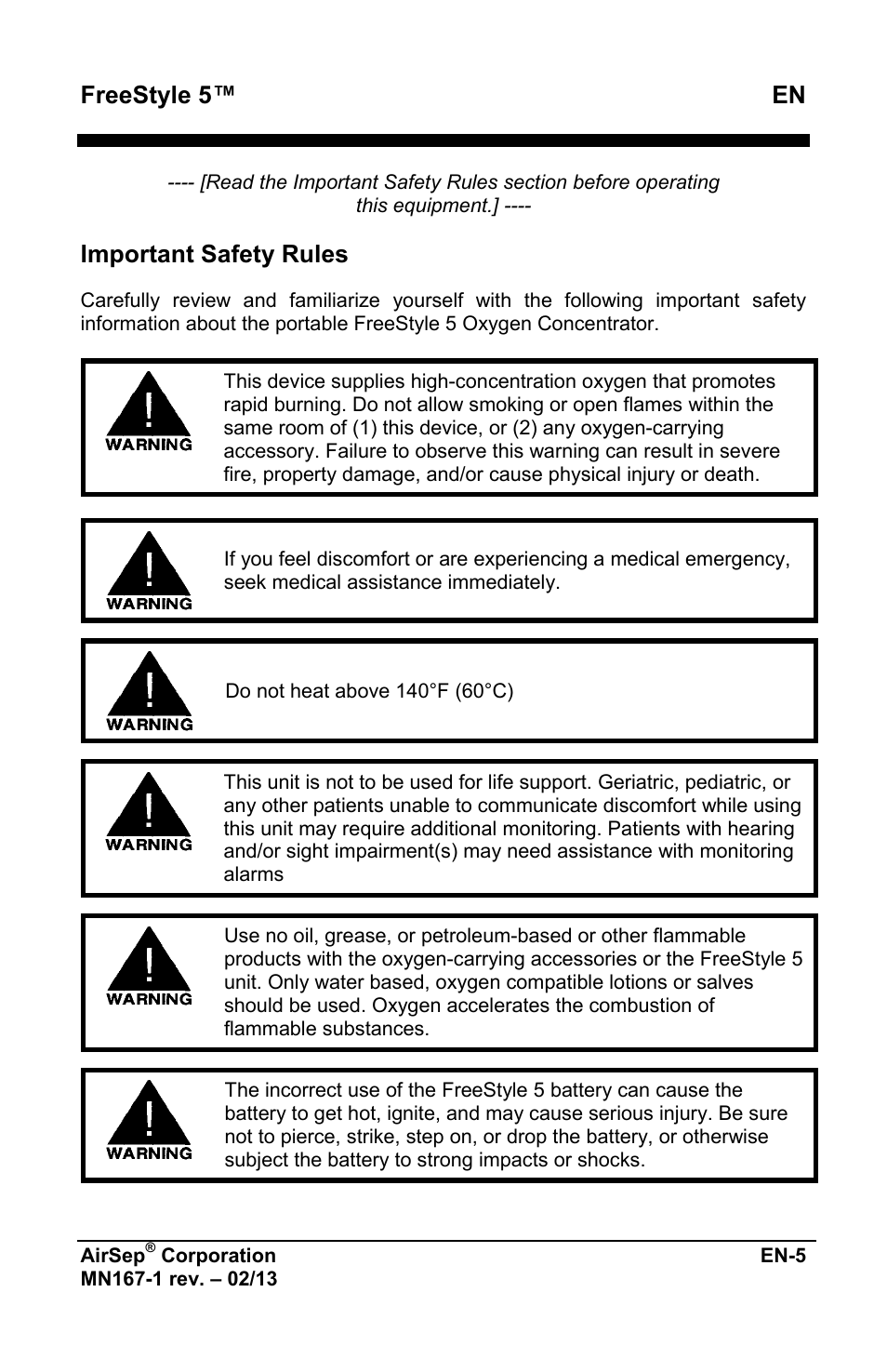 Freestyle 5™ en, Important safety rules | AirSep MN167-1 User Manual | Page 201 / 520